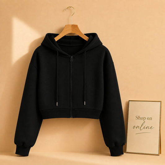 Black Zipper Crop Hoodie