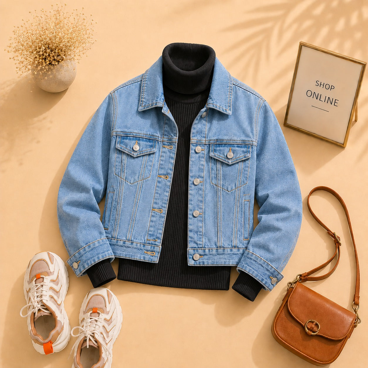 SKY BLUE DENIM JACKET WITH BLACK HINECK