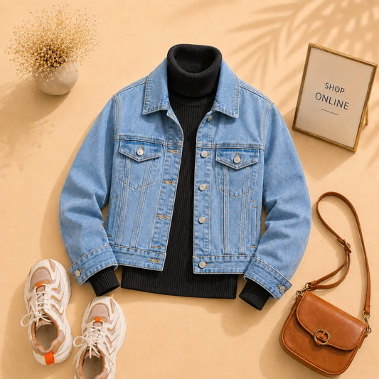 SKY BLUE DENIM JACKET WITH BLACK HINECK