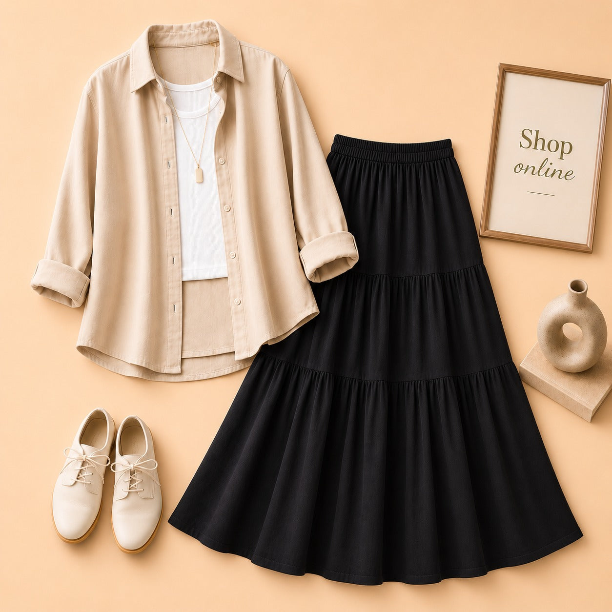 BEIGE BUTTON SHIRT WITH WHITE TANKTOP AND BLACK 3 TIER SKIRT