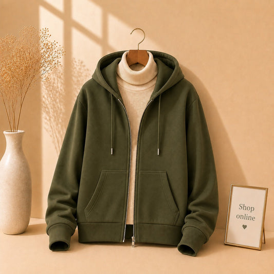 Olive green Zipper With Beige Highneck