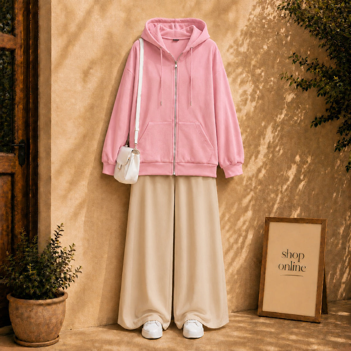 Basic Pink Zipper Hoodie with beige Flapper
