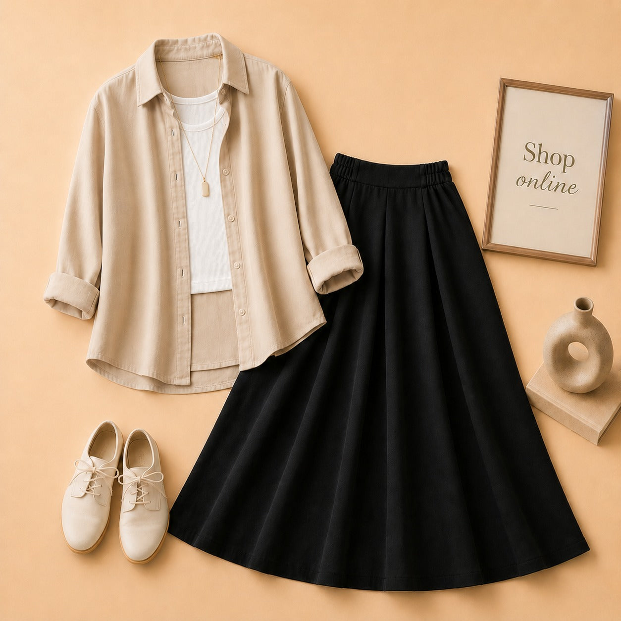 BEIGE BUTTON SHIRT WITH WHITE TANKTOP AND BLACK TWILL SKIRT
