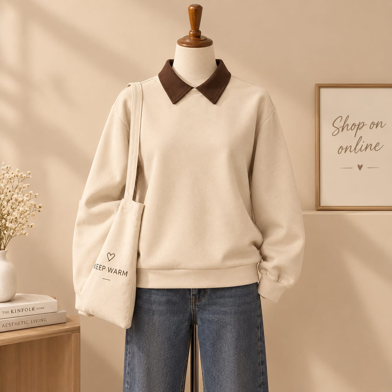 Beige and dark brown Collar Sweatshirt
