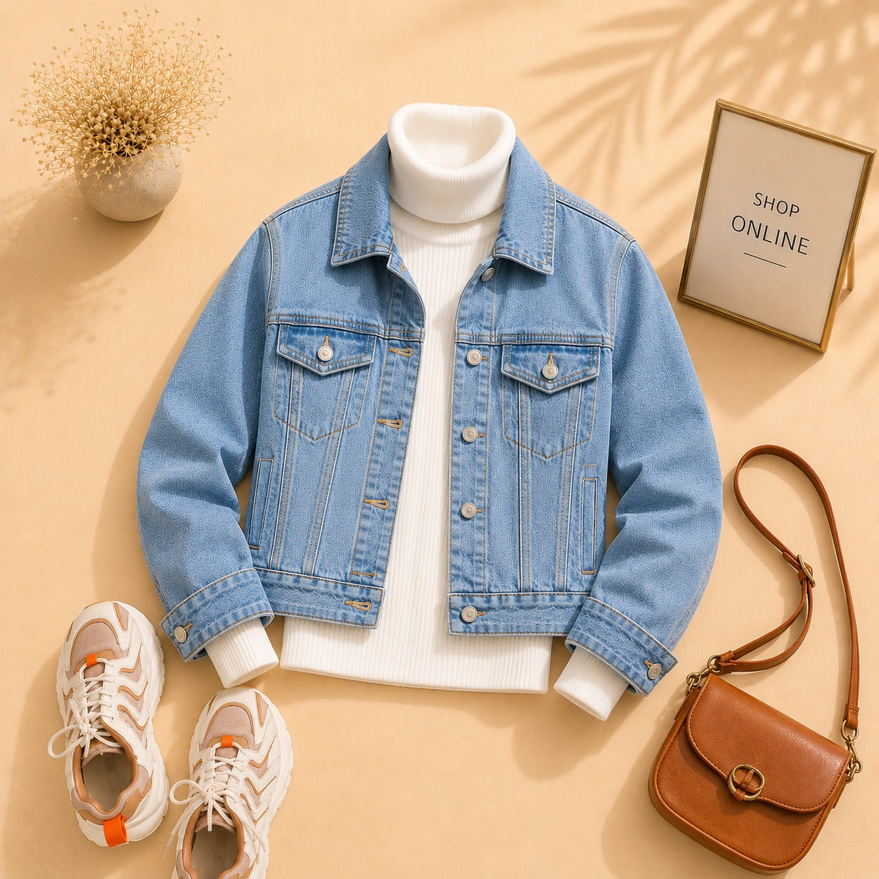 SKY BLUE DENIM JACKET WITH WHITE HINECK