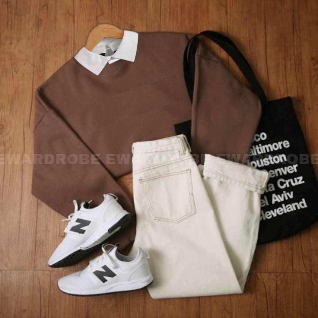 Brown / White  Collar sweat and wideleg jeans - teehoodie.co