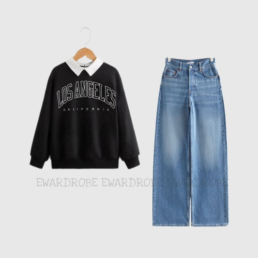 Black / Midblue Collar sweat and wideleg jeans - teehoodie.co