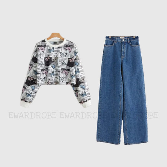 White / Den Blue Crop sweat and wideleg jeans - teehoodie.co