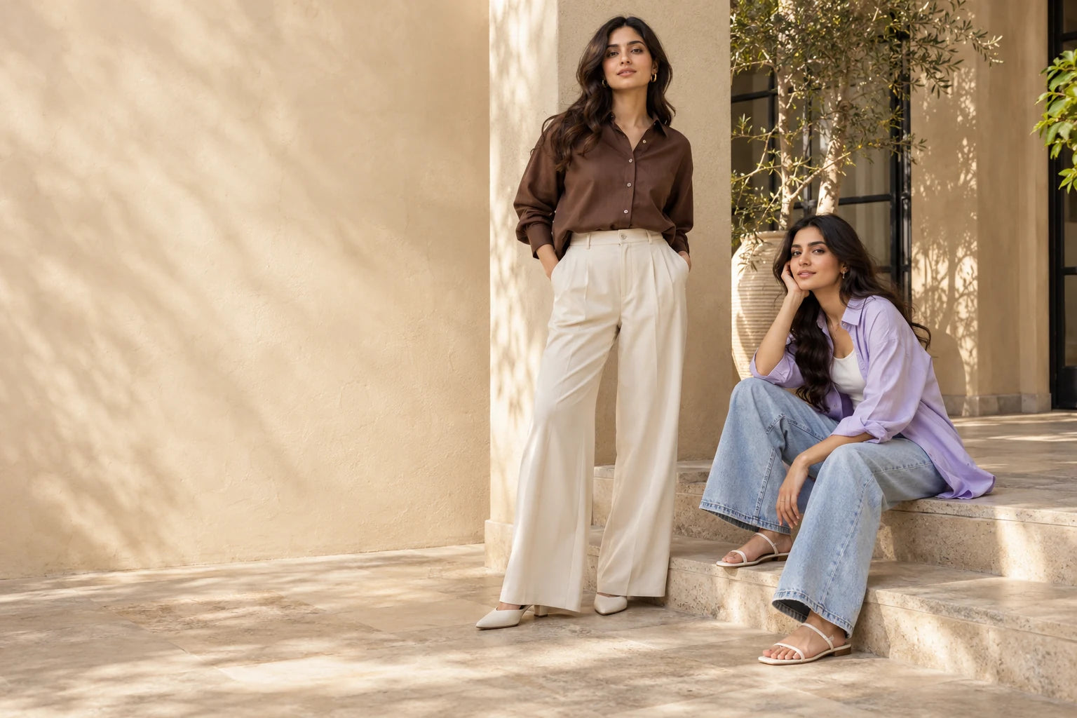 Everyday shirts and wide-leg silhouettes in coffee, lilac and denim