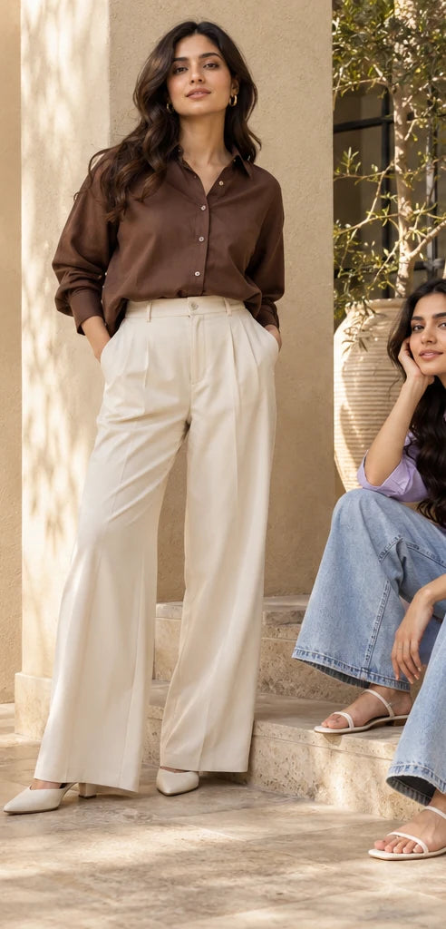 Relaxed coffee shirt and tailored white trousers